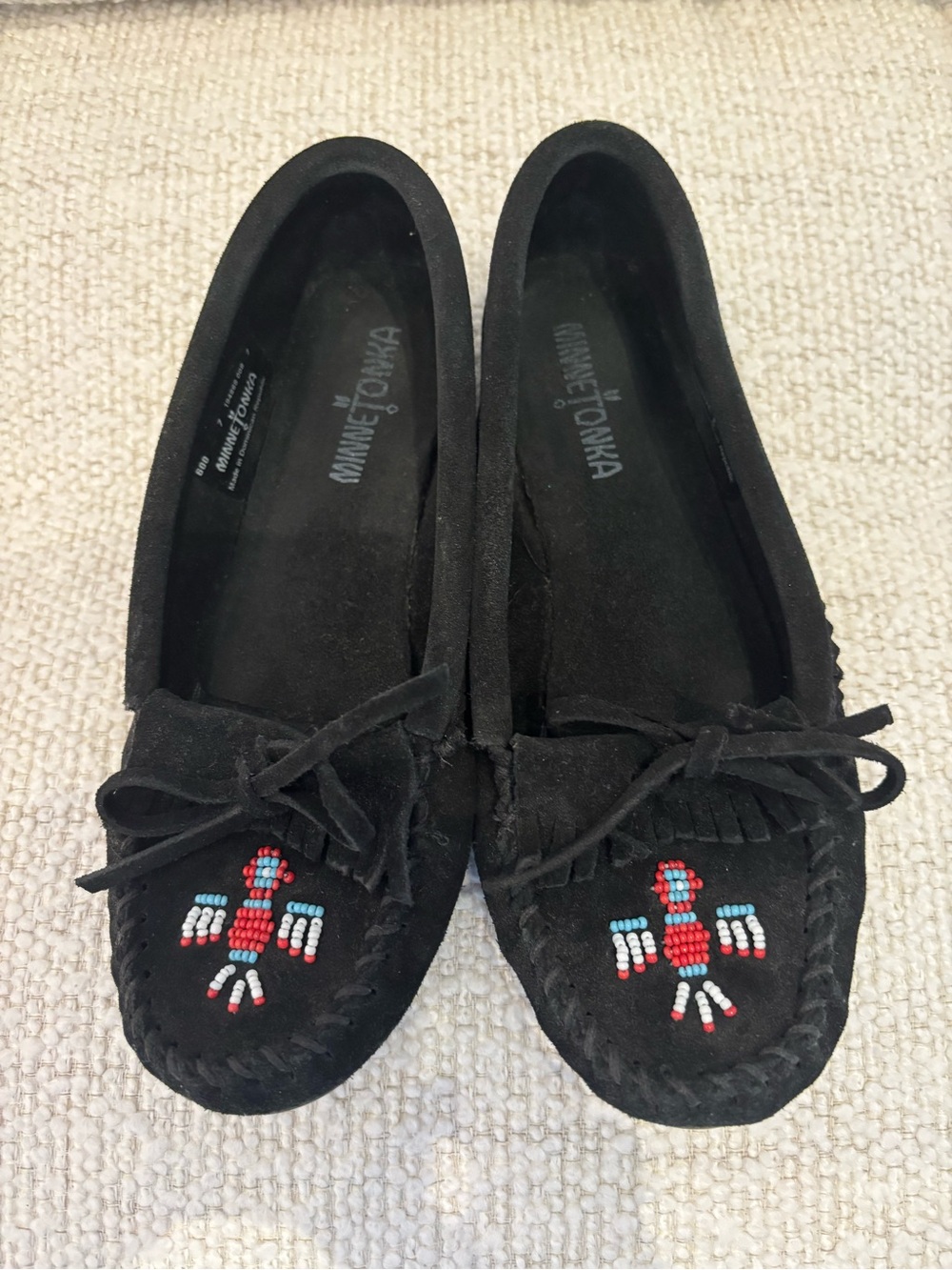 Minnetonka Black Suede Beaded Thunderbird Moccasin Flats